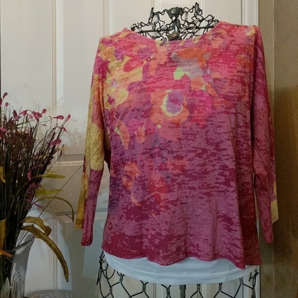 Coldwater Creek pink yellow button back blouse